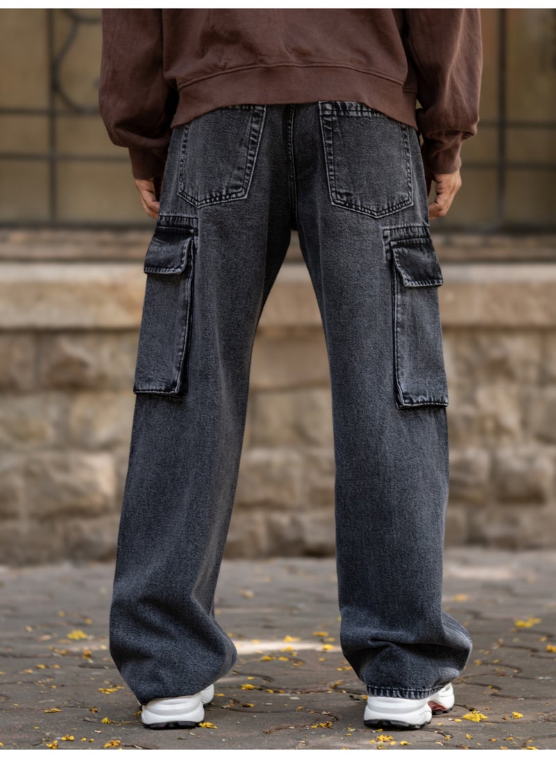 Maniac Mens Solid Baggy Graphite Denim Fabric Cargo Jean - Image 2