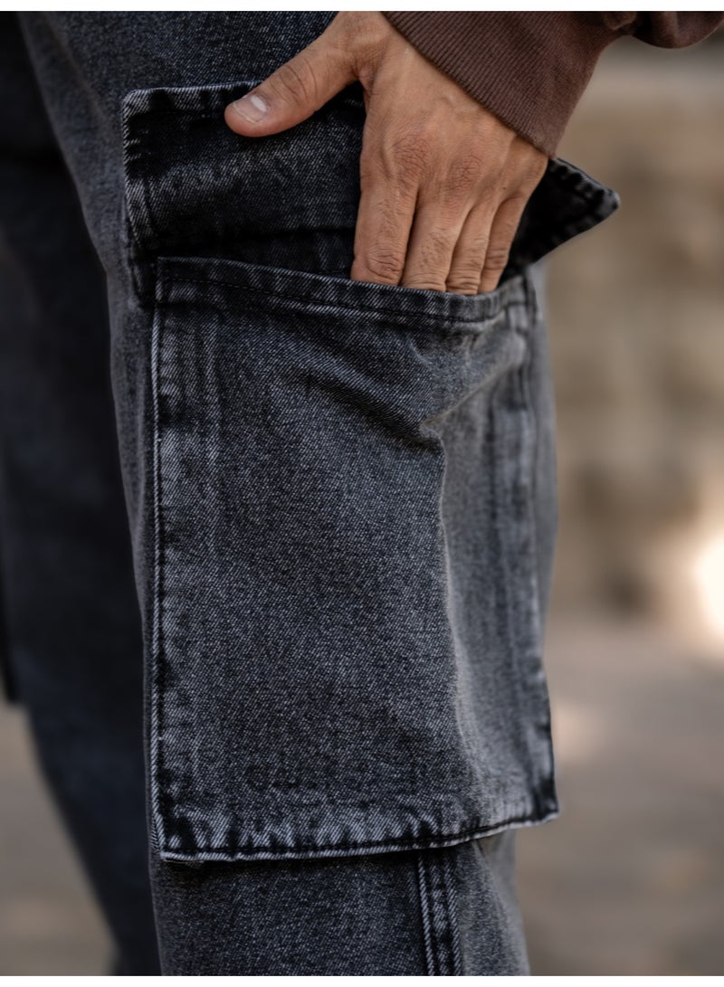 Maniac Mens Solid Baggy Graphite Denim Fabric Cargo Jean - Image 5