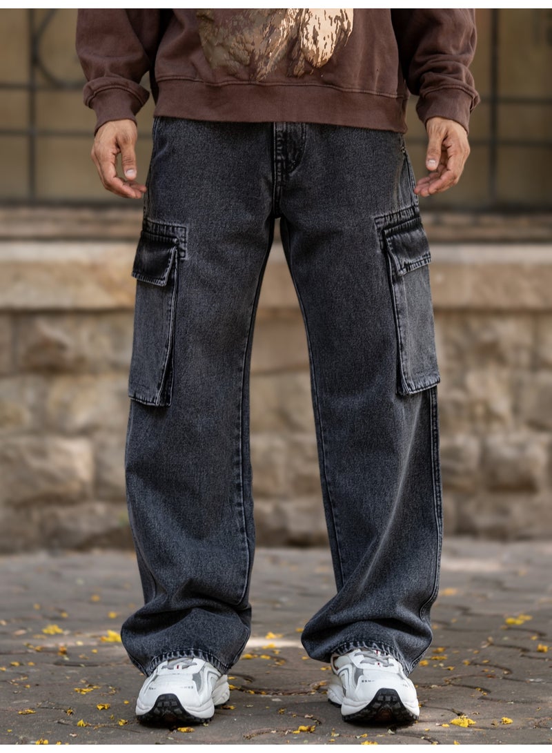 Maniac Mens Solid Baggy Graphite Denim Fabric Cargo Jean - Image 1