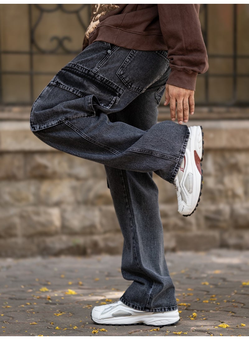 Maniac Mens Solid Baggy Graphite Denim Fabric Cargo Jean - Image 3