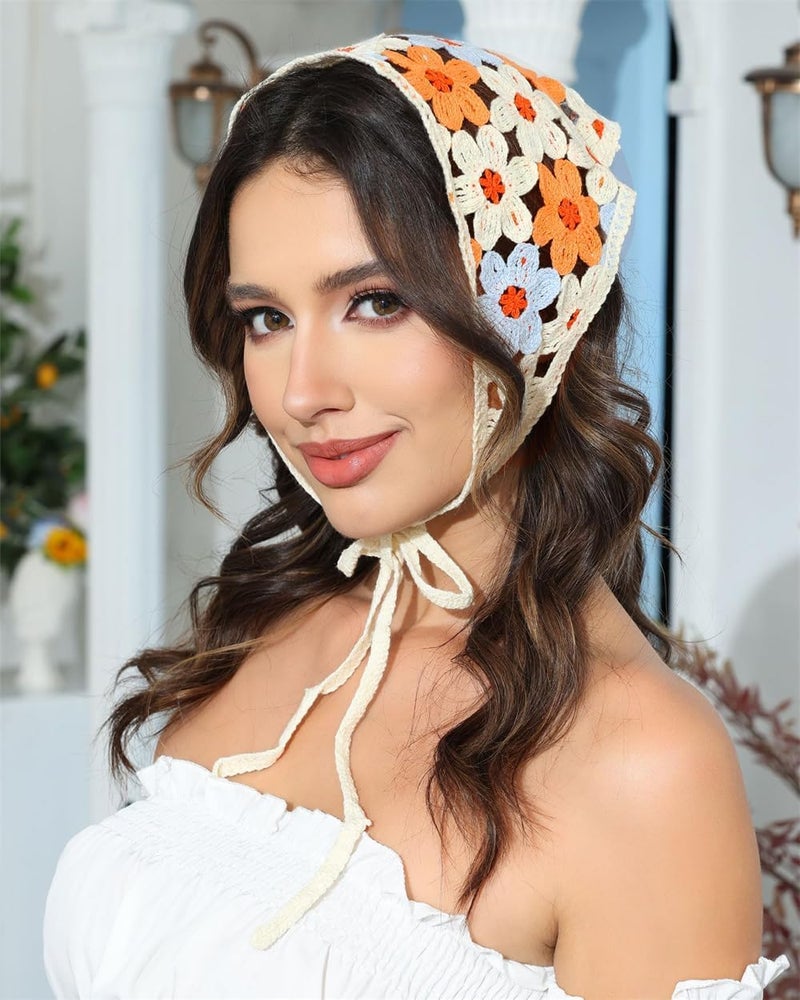 Azonee Crochet Head Scarf - Floral Tie-Back Bandana for Women and Girls, 3PCS Set - Image 5