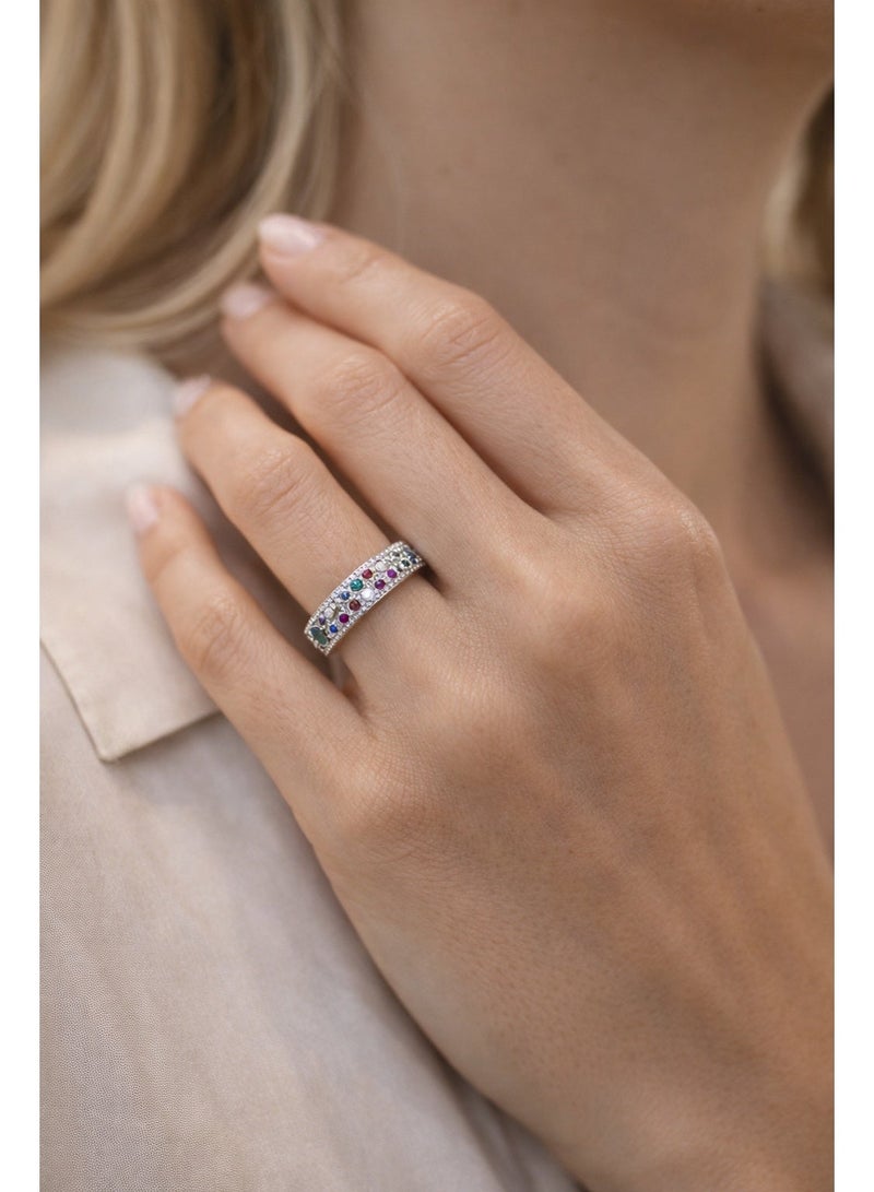 Fine Silver 925 Sterling Silver Women's Double-Row Multi-Color Zircon Eternity Band Ring - Image 2