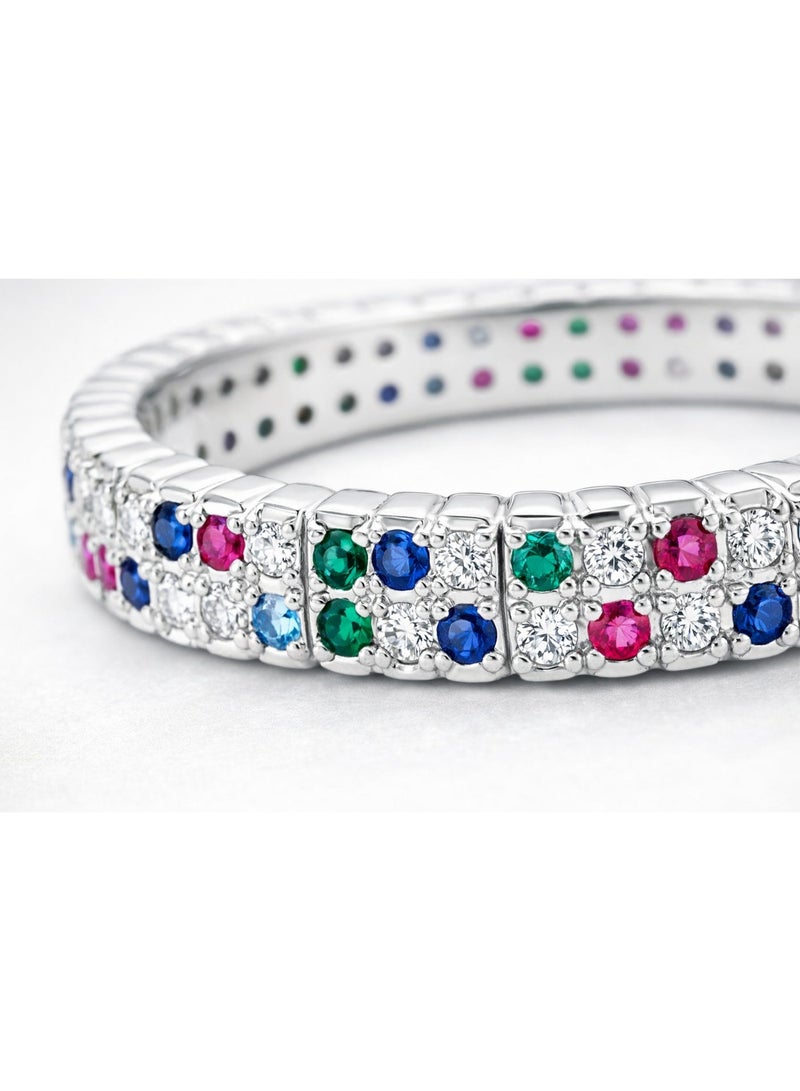 Fine Silver 925 Sterling Silver Women's Double-Row Multi-Color Zircon Eternity Band Ring - Image 3