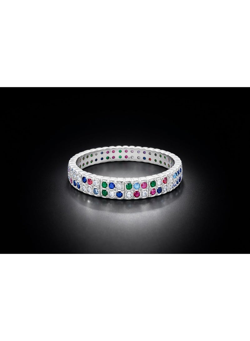 Fine Silver 925 Sterling Silver Women's Double-Row Multi-Color Zircon Eternity Band Ring - Image 4