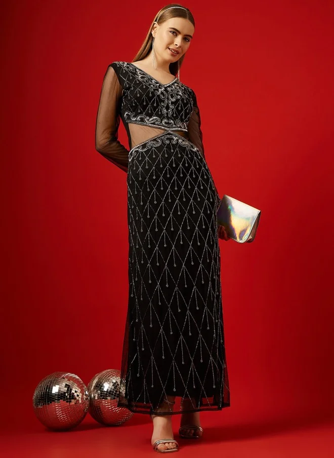 STREET 9 Black Embellished Net Maxi Dress for Women