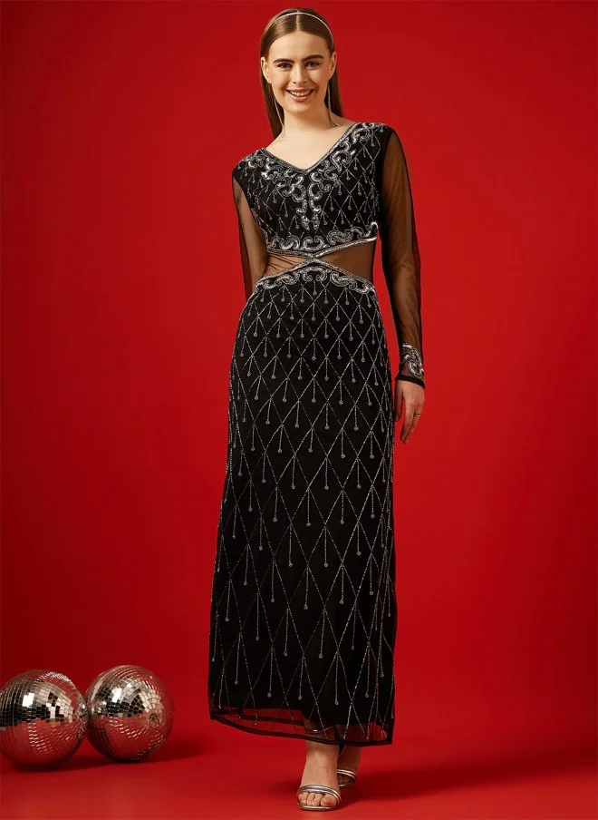 STREET 9 Black Embellished Net Maxi Dress for Women