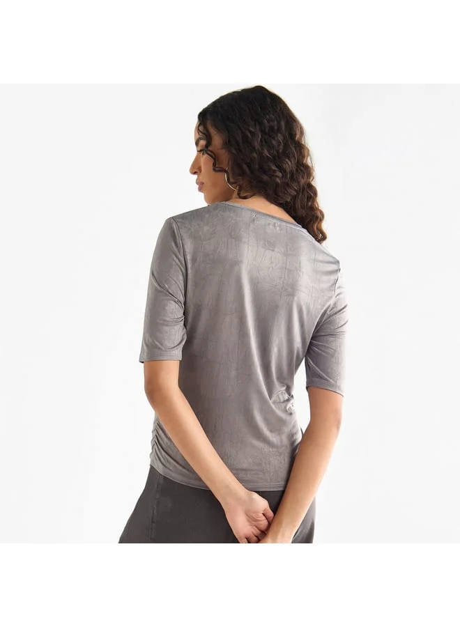 Splash FAV Textured Crew Neck Top with Short Sleeves and Ruched Detail