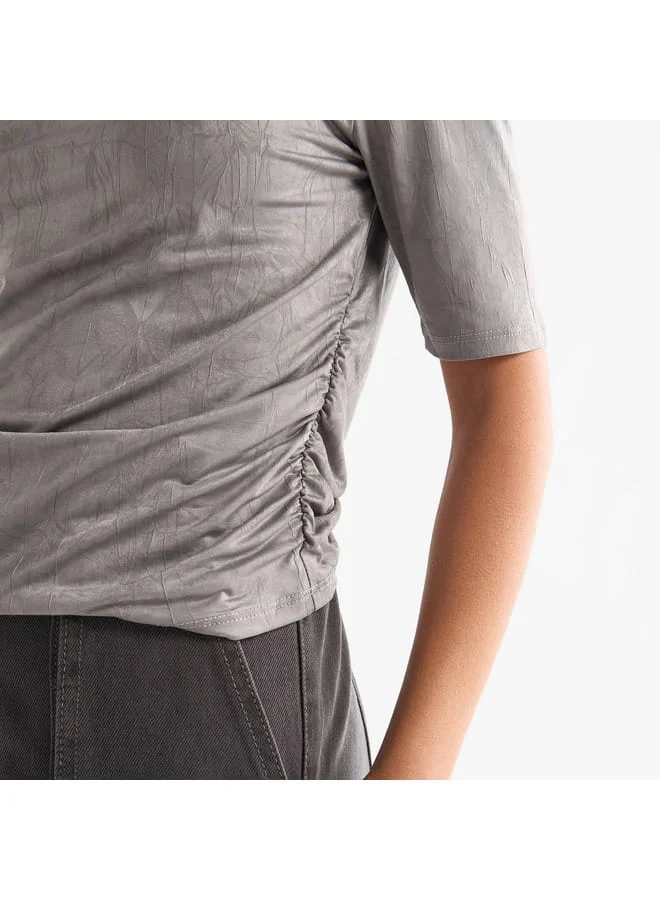 Splash FAV Textured Crew Neck Top with Short Sleeves and Ruched Detail