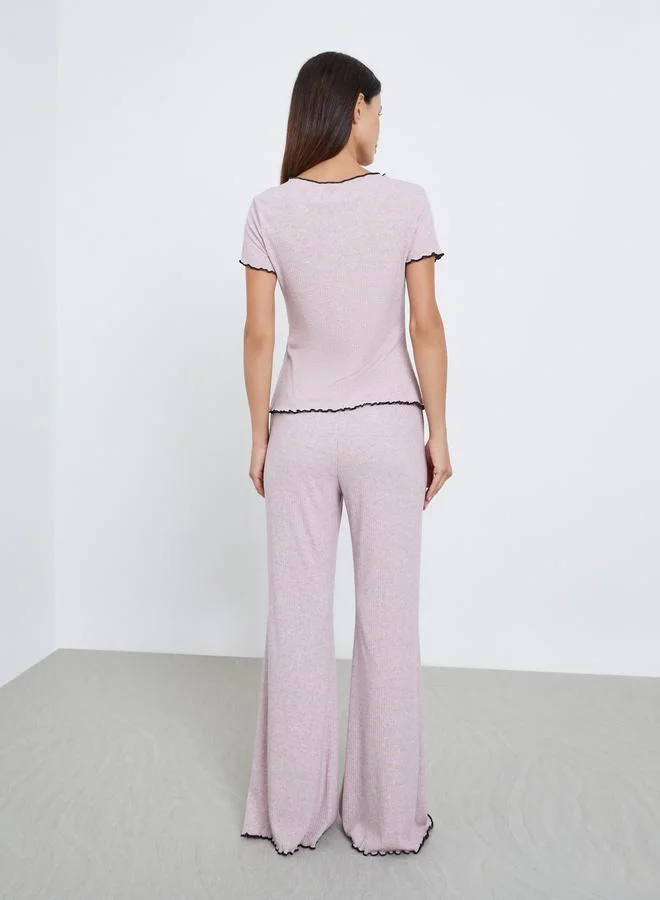 Styli Styli Bow Embroidered Rib Contrast Stitch Shirt and Side Slit Pyjama Set