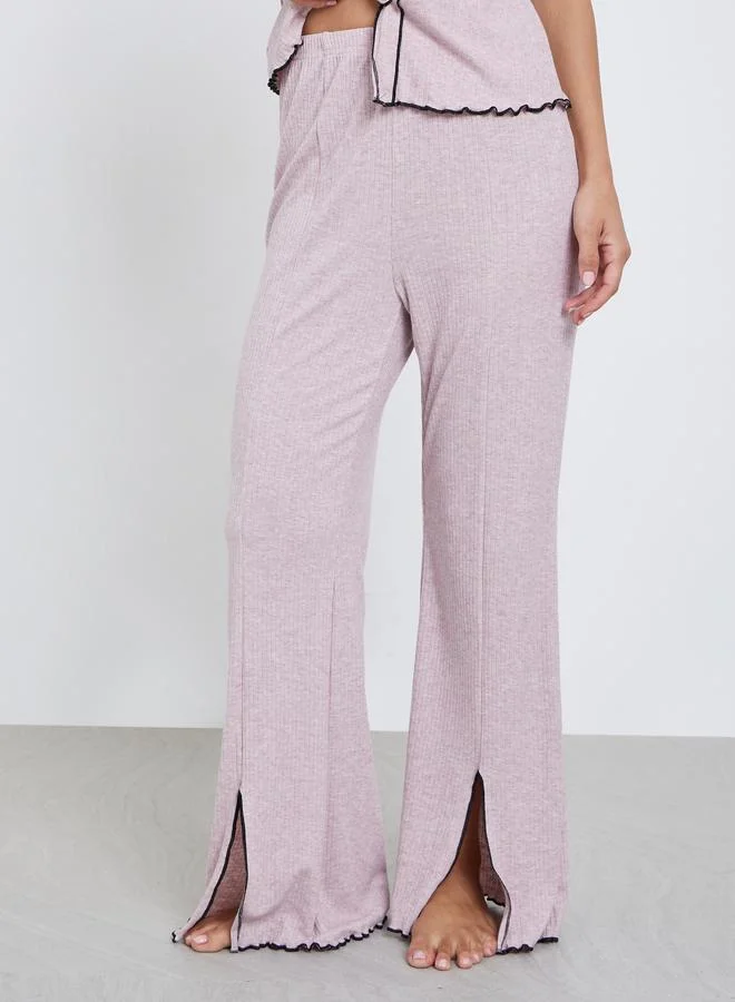 Styli Styli Bow Embroidered Rib Contrast Stitch Shirt and Side Slit Pyjama Set