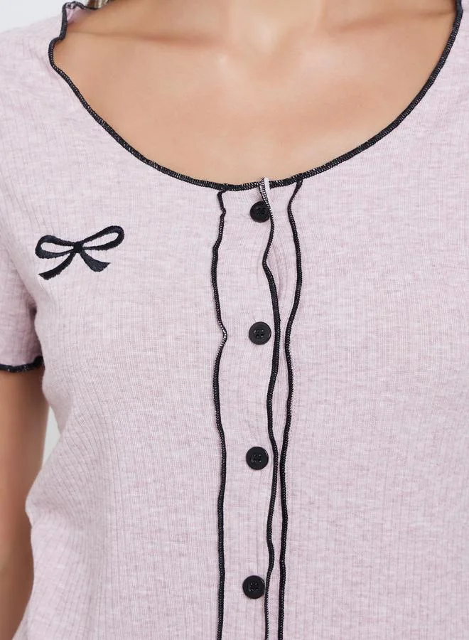 Styli Styli Bow Embroidered Rib Contrast Stitch Shirt and Side Slit Pyjama Set