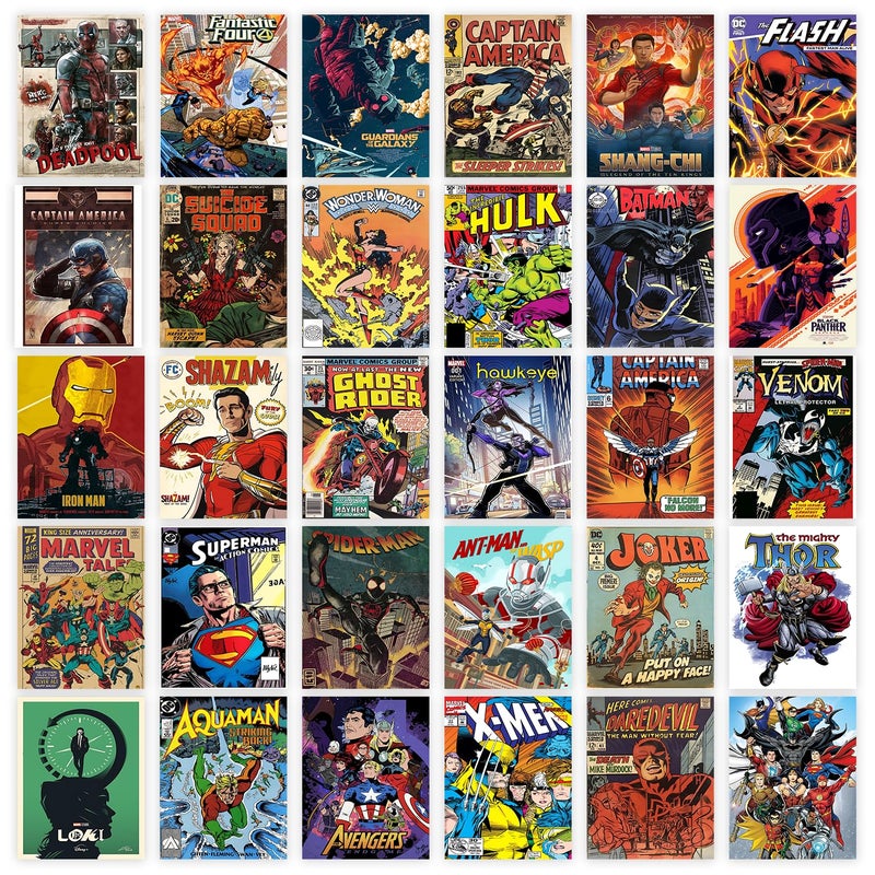 Wallgasm Superheroes Poster Set - Pack of 30, 10 x 15cm 300GSM Posters - Wall Collage Kit - Posters For Bedroom Superman Posters - Batman Posters - Spiderman Posters - Avengers Posters - Comic Posters - Image 1