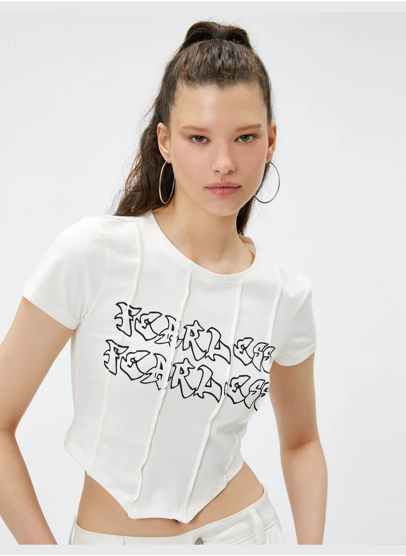 كوتون Crew Neck Corset Detail Slogan Printed Crop T-Shirt