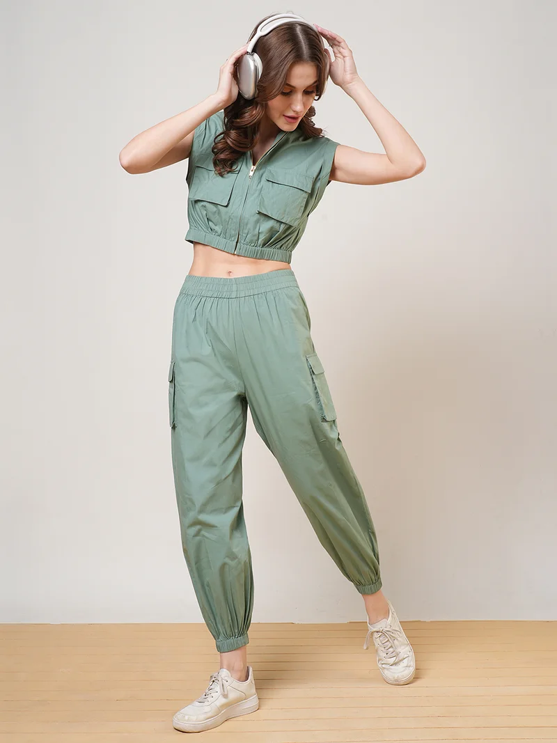 globus Women High Neck Front Zip Crop Top & Elasticated Waist Cargo Style Joggers Co-Ord Set