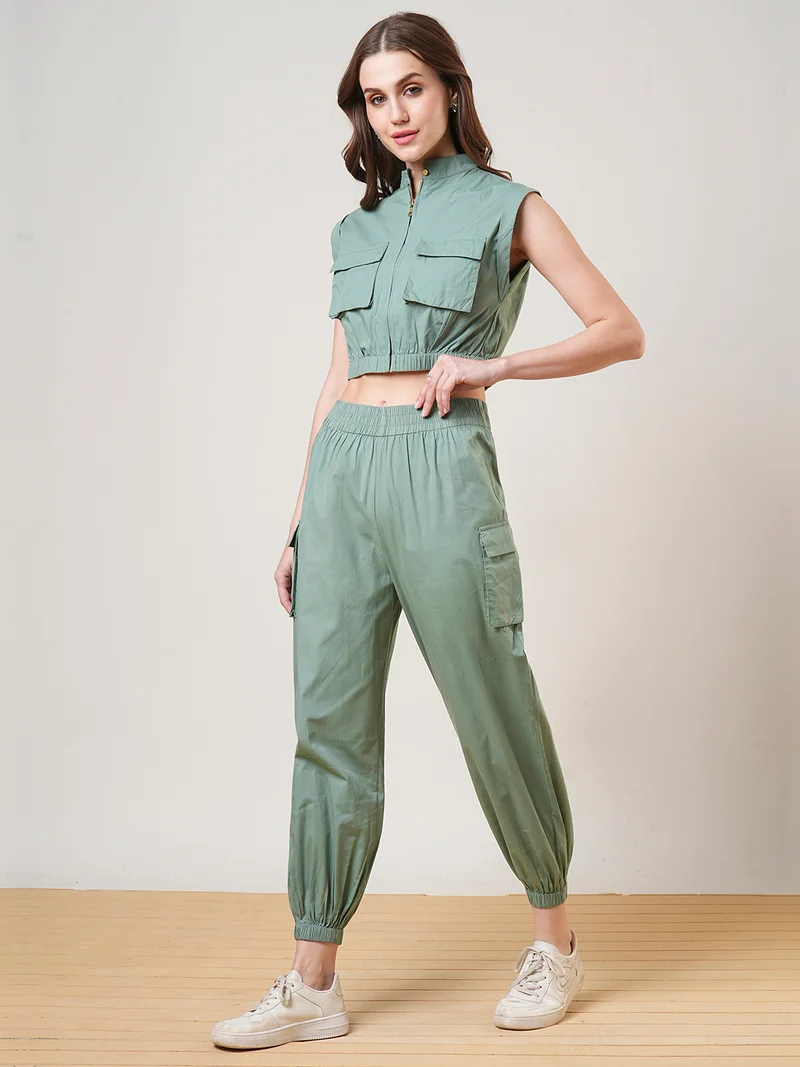 globus Women High Neck Front Zip Crop Top & Elasticated Waist Cargo Style Joggers Co-Ord Set