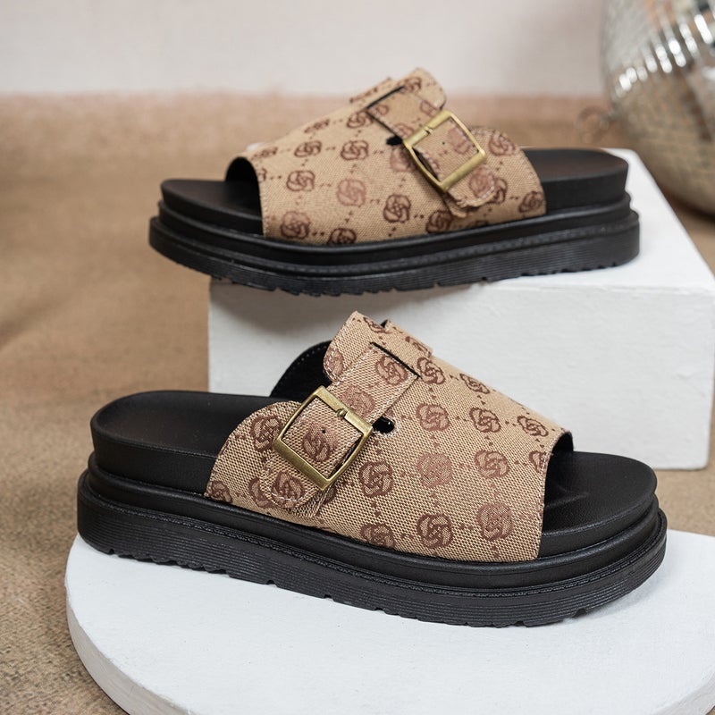 Plus Size Flats Slippers For Women High-Bottom Thick-Soled Slip-On Belt Buckle One-Line Roman Slippers - Image 3