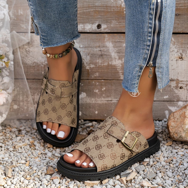 Plus Size Flats Slippers For Women High-Bottom Thick-Soled Slip-On Belt Buckle One-Line Roman Slippers - Image 1