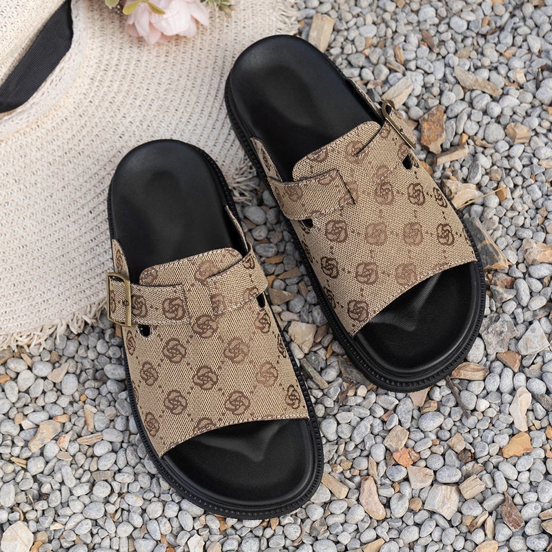 Plus Size Flats Slippers For Women High-Bottom Thick-Soled Slip-On Belt Buckle One-Line Roman Slippers - Image 5