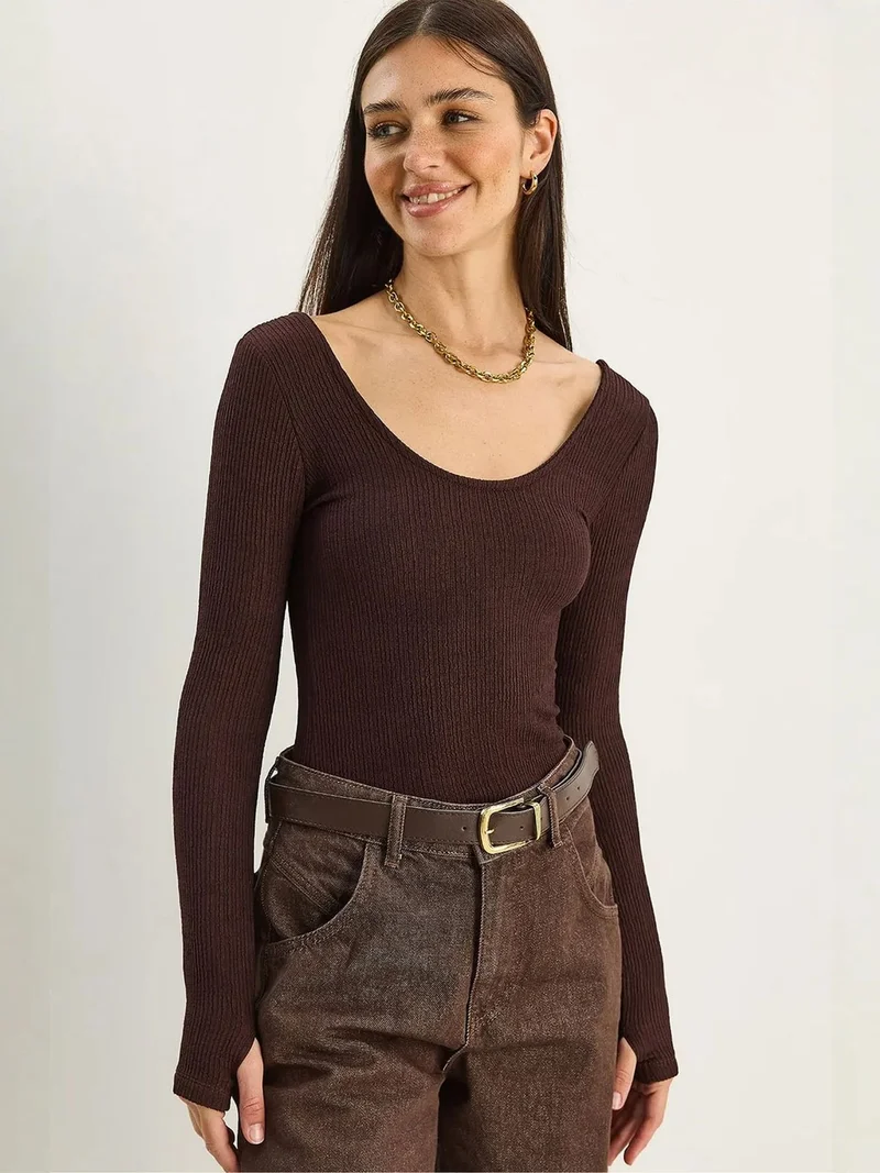 Bianco Lucci LUCCI Slim Fit Long Sleeve U Collar Blouse