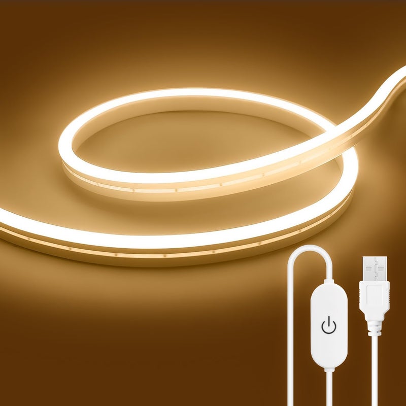 آمن لا يخدش أسطح التلامس أضواء شريط LED تعمل باللمس عبر USB، أبيض دافئ 3000K، 5V 9.84 قدم/3M 360LED عالية السطوع، حبل LED نيون، مقاوم للماء وقابل للتعتيم، للمطبخ والغرفة وديكور التلفزيون (أبيض دافئ) - Image 1