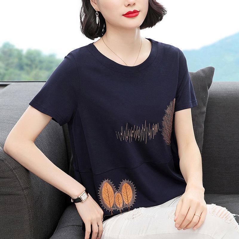Women'S Cotton Embroidered Short-Sleeved T-Shirt For Middle-Aged Mothers Plus Size 2023 Trendy Korean Style Loose Top - Image 2