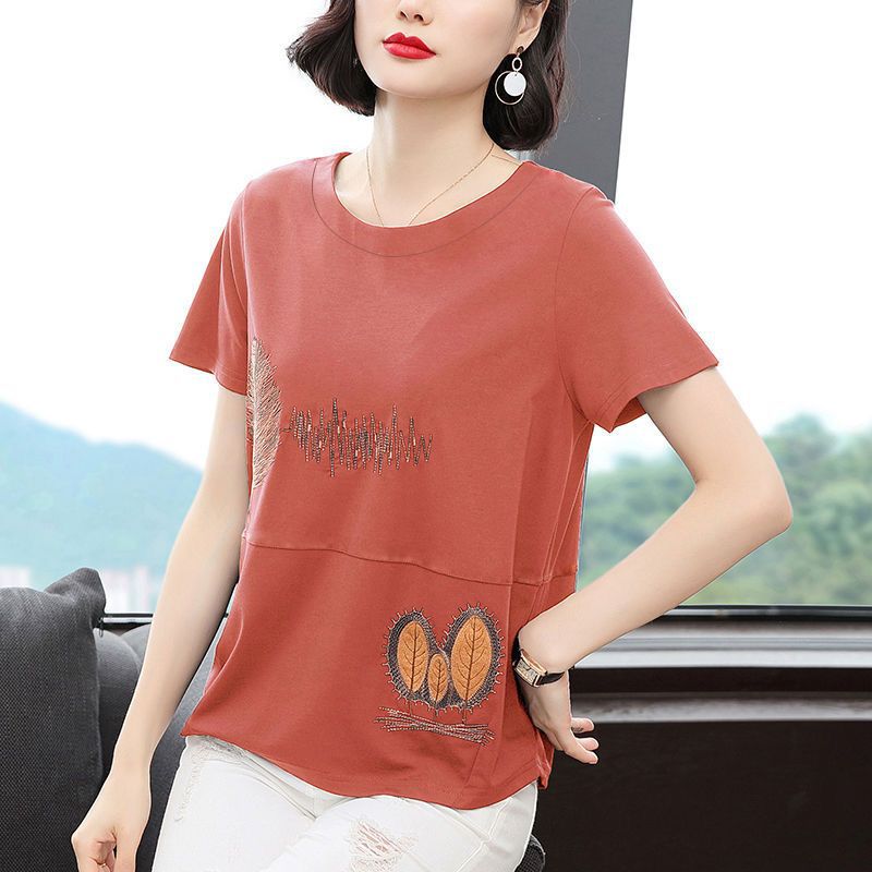 Women'S Cotton Embroidered Short-Sleeved T-Shirt For Middle-Aged Mothers Plus Size 2023 Trendy Korean Style Loose Top - Image 1