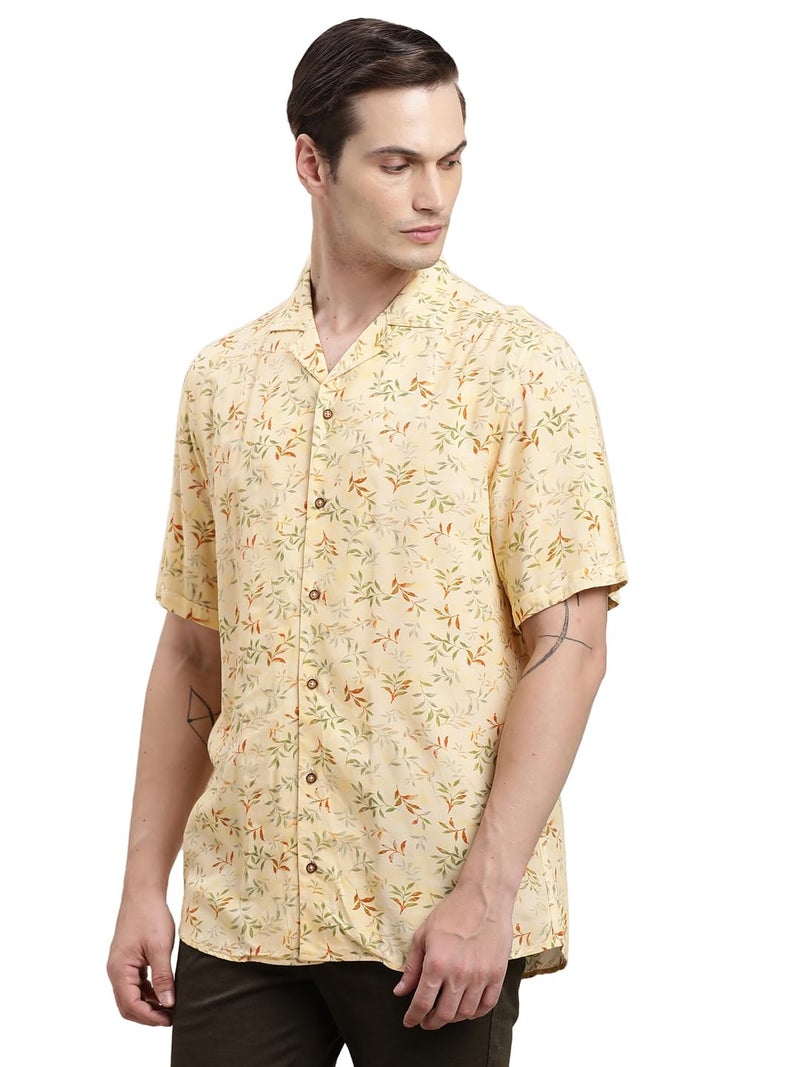 Turtle Men Yellow Printed Half Sleeve Slim Fit Cotton Blend Casual Shirt - Image 2
