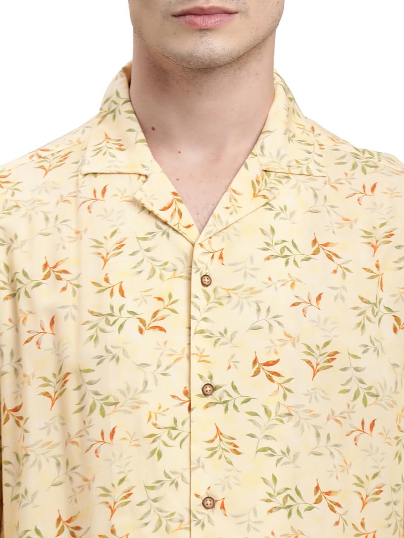 Turtle Men Yellow Printed Half Sleeve Slim Fit Cotton Blend Casual Shirt - Image 5