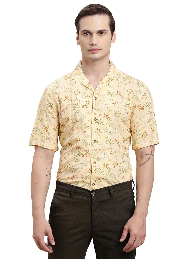 Turtle Men Yellow Printed Half Sleeve Slim Fit Cotton Blend Casual Shirt - Image 4