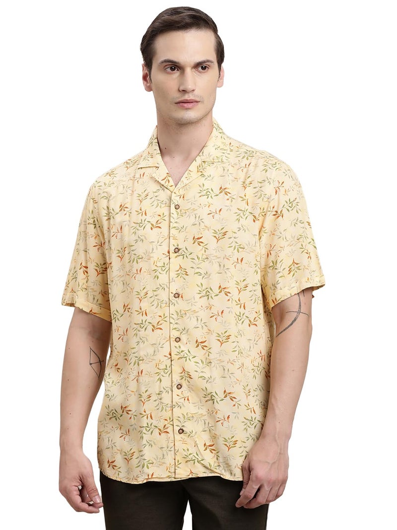 Turtle Men Yellow Printed Half Sleeve Slim Fit Cotton Blend Casual Shirt - Image 1