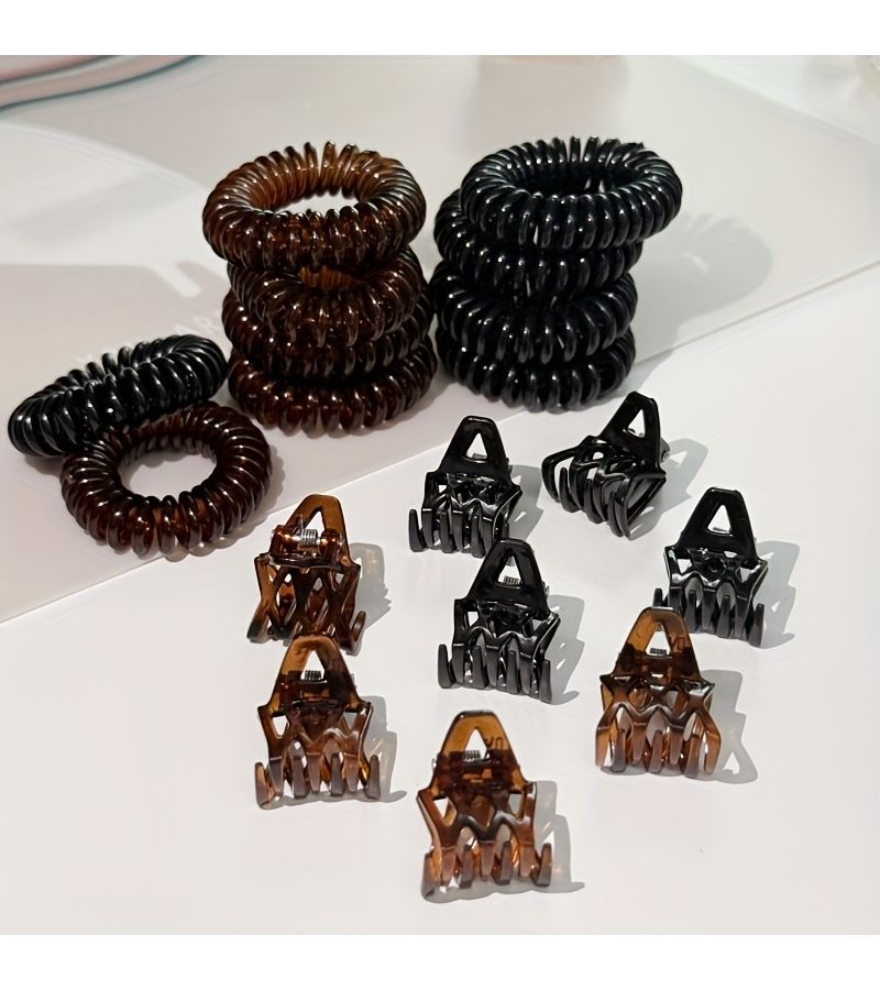 9pcs Set Of Telephone Wire Hair Bands With Mini Plaid Clips And Broken Hair Clips High Elasticity Solid Color Hair Bands Transparent With Small Leather Case And Coil Rubber Bands - Image 5