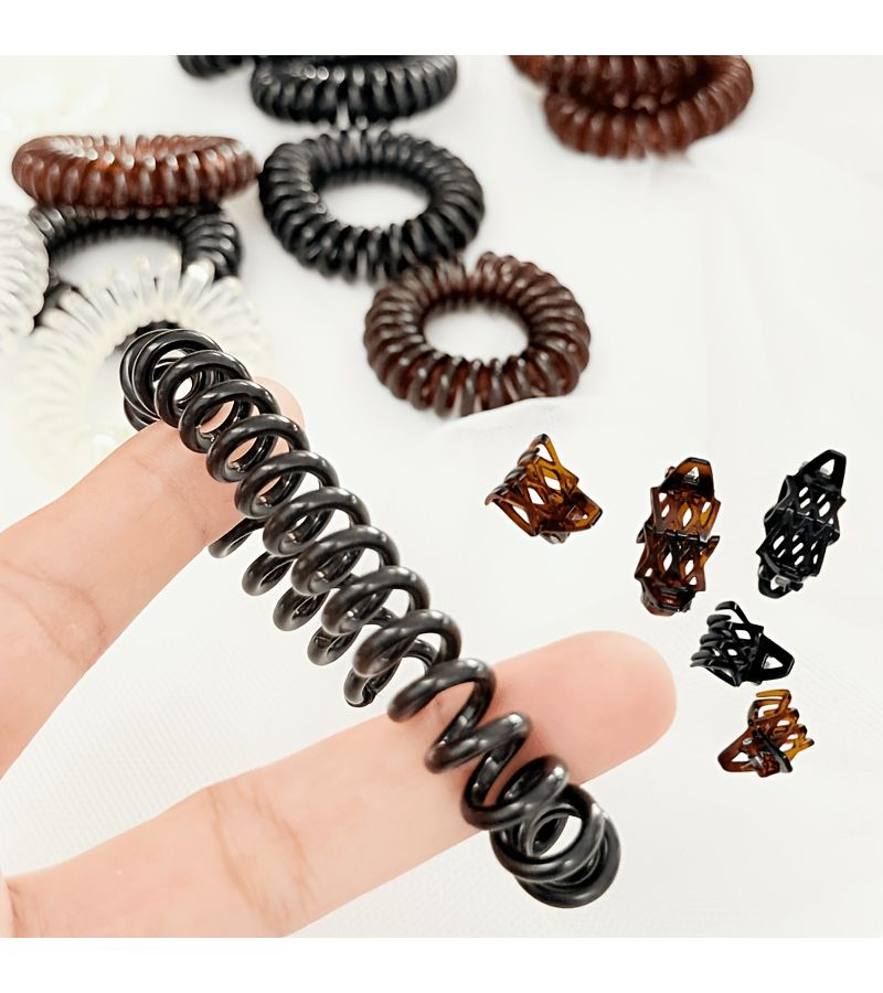 9pcs Set Of Telephone Wire Hair Bands With Mini Plaid Clips And Broken Hair Clips High Elasticity Solid Color Hair Bands Transparent With Small Leather Case And Coil Rubber Bands - Image 4