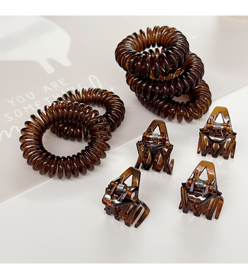 9pcs Set Of Telephone Wire Hair Bands With Mini Plaid Clips And Broken Hair Clips High Elasticity Solid Color Hair Bands Transparent With Small Leather Case And Coil Rubber Bands - Image 1