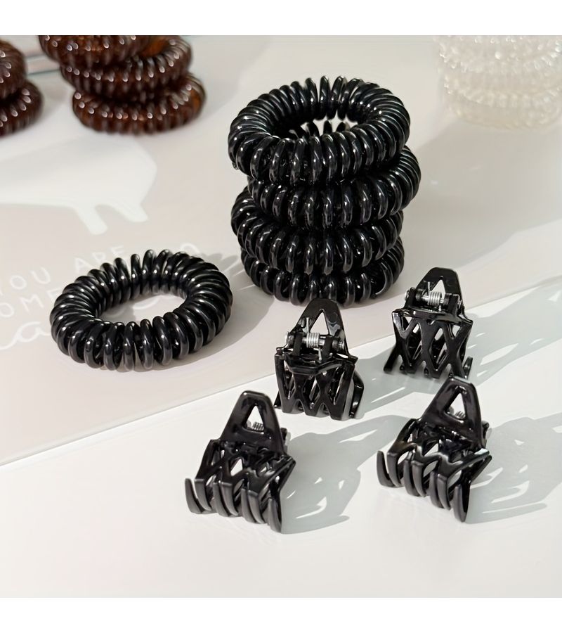 9pcs Set Of Telephone Wire Hair Bands With Mini Plaid Clips And Broken Hair Clips High Elasticity Solid Color Hair Bands Transparent With Small Leather Case And Coil Rubber Bands - Image 2