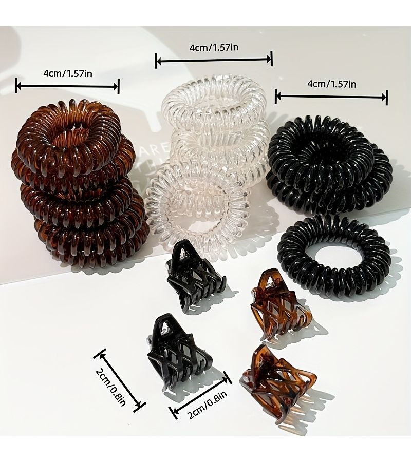 9pcs Set Of Telephone Wire Hair Bands With Mini Plaid Clips And Broken Hair Clips High Elasticity Solid Color Hair Bands Transparent With Small Leather Case And Coil Rubber Bands - Image 3