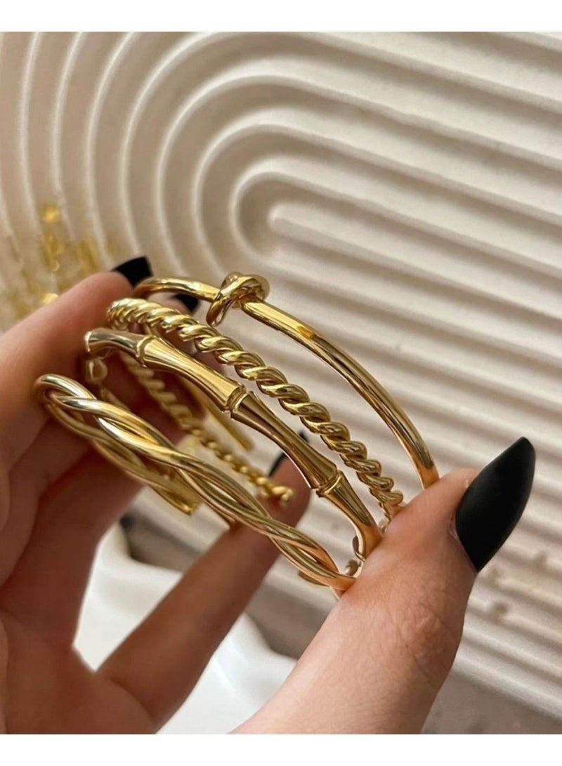 Julia Store 18K Gold Plated Stainless Steel Aesthetic Exquisite Luxury Elegant Dainty Cute Trendy Hypoallergenic Waterproof Celebrity Love Friendshipe Heart Bamboo Twisted Cuffs Bracelets Bangles Set Of 4 - Image 3