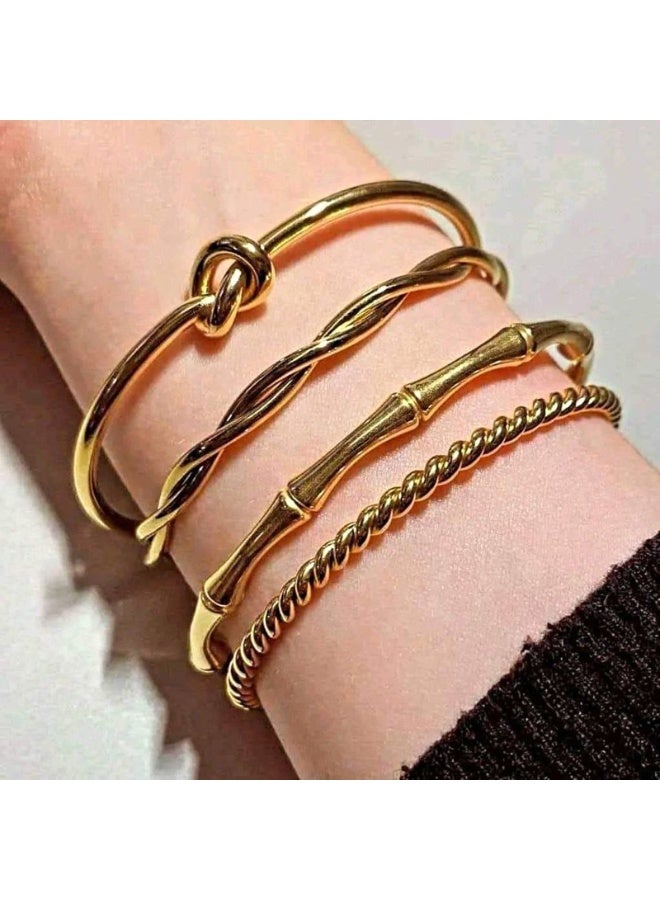 Julia Store 18K Gold Plated Stainless Steel Aesthetic Exquisite Luxury Elegant Dainty Cute Trendy Hypoallergenic Waterproof Celebrity Love Friendshipe Heart Bamboo Twisted Cuffs Bracelets Bangles Set Of 4 - Image 2