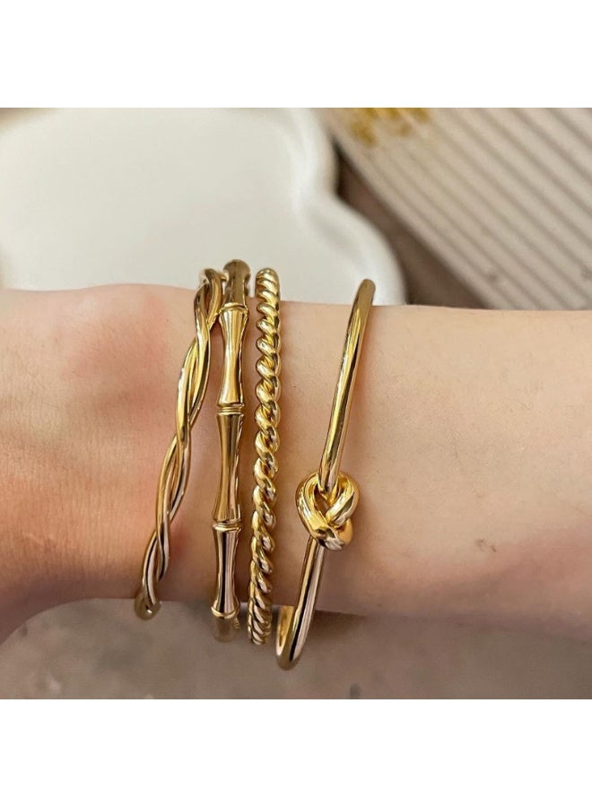 Julia Store 18K Gold Plated Stainless Steel Aesthetic Exquisite Luxury Elegant Dainty Cute Trendy Hypoallergenic Waterproof Celebrity Love Friendshipe Heart Bamboo Twisted Cuffs Bracelets Bangles Set Of 4 - Image 4