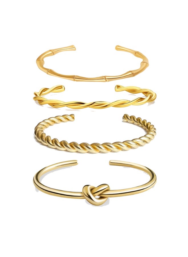 Julia Store 18K Gold Plated Stainless Steel Aesthetic Exquisite Luxury Elegant Dainty Cute Trendy Hypoallergenic Waterproof Celebrity Love Friendshipe Heart Bamboo Twisted Cuffs Bracelets Bangles Set Of 4 - Image 1