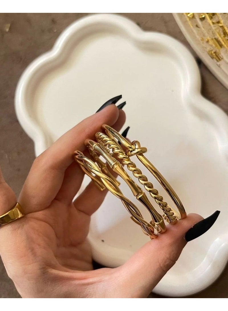 Julia Store 18K Gold Plated Stainless Steel Aesthetic Exquisite Luxury Elegant Dainty Cute Trendy Hypoallergenic Waterproof Celebrity Love Friendshipe Heart Bamboo Twisted Cuffs Bracelets Bangles Set Of 4 - Image 5