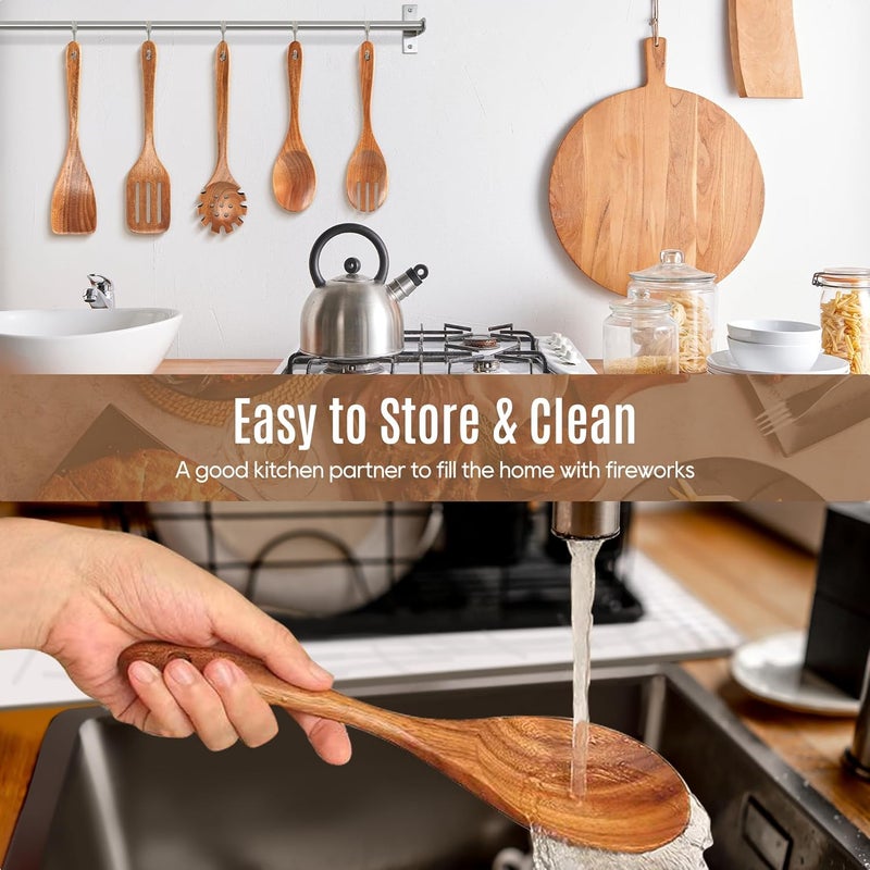 MULBOM 5 PCS Wooden Spoons for Cooking Natural Teak Kitchen Utensils Set Smooth Non-Stick Surface Cooking Utensils Set Soft Comfort-Grip Wooden Spatula Set - Image 4