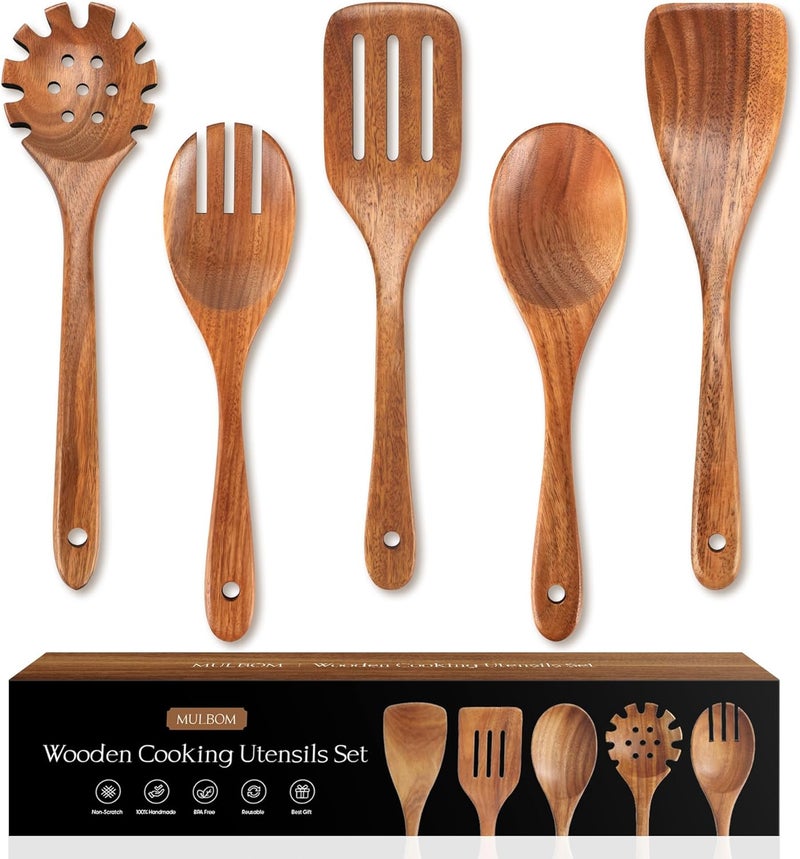 MULBOM 5 PCS Wooden Spoons for Cooking Natural Teak Kitchen Utensils Set Smooth Non-Stick Surface Cooking Utensils Set Soft Comfort-Grip Wooden Spatula Set - Image 1