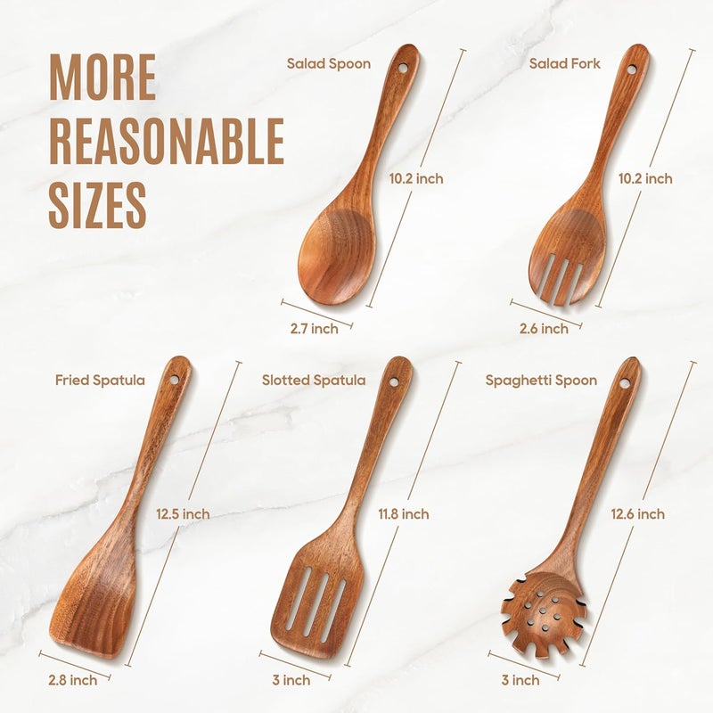 MULBOM 5 PCS Wooden Spoons for Cooking Natural Teak Kitchen Utensils Set Smooth Non-Stick Surface Cooking Utensils Set Soft Comfort-Grip Wooden Spatula Set - Image 5