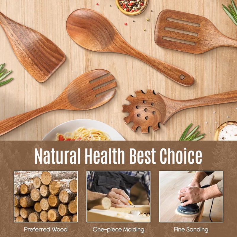 MULBOM 5 PCS Wooden Spoons for Cooking Natural Teak Kitchen Utensils Set Smooth Non-Stick Surface Cooking Utensils Set Soft Comfort-Grip Wooden Spatula Set - Image 2