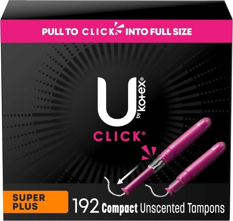 U by Kotex U by Kotex Click Compact Tampons, Super Plus Absorbency, Unscented, 192 Count (6 Packs of 32) (Packaging May Vary) 