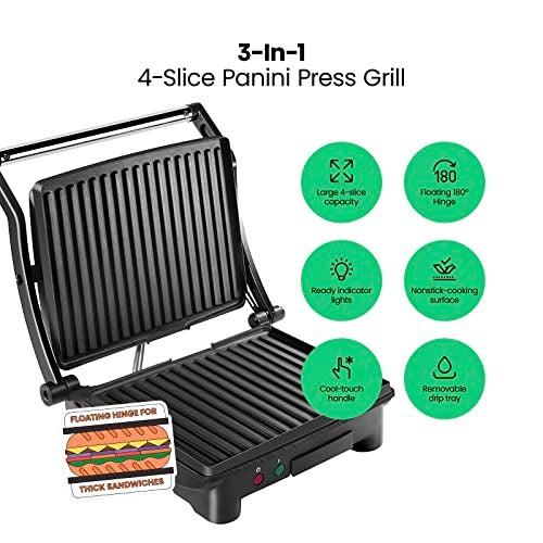 Chefman Panini Press Grill and Gourmet Sandwich Maker Non-Stick Coated Plates, Opens 180 Degrees to Fit Any Type or Size of Food, Stainless Steel Surface and Removable Drip Tray, 4 Slice, Black - Image 2