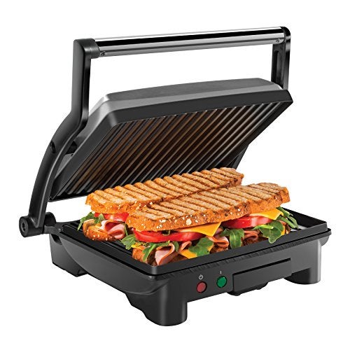 Chefman Panini Press Grill and Gourmet Sandwich Maker Non-Stick Coated Plates, Opens 180 Degrees to Fit Any Type or Size of Food, Stainless Steel Surface and Removable Drip Tray, 4 Slice, Black - Image 1