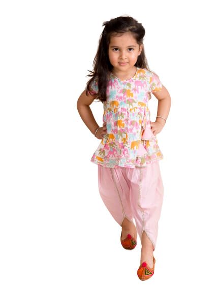 Pspeaches Girls White Ethnic Motifs Printed Pleated Gotta Patti Pure Cotton Kurti With Dhoti Pants (White-5-6Y) - Image 5