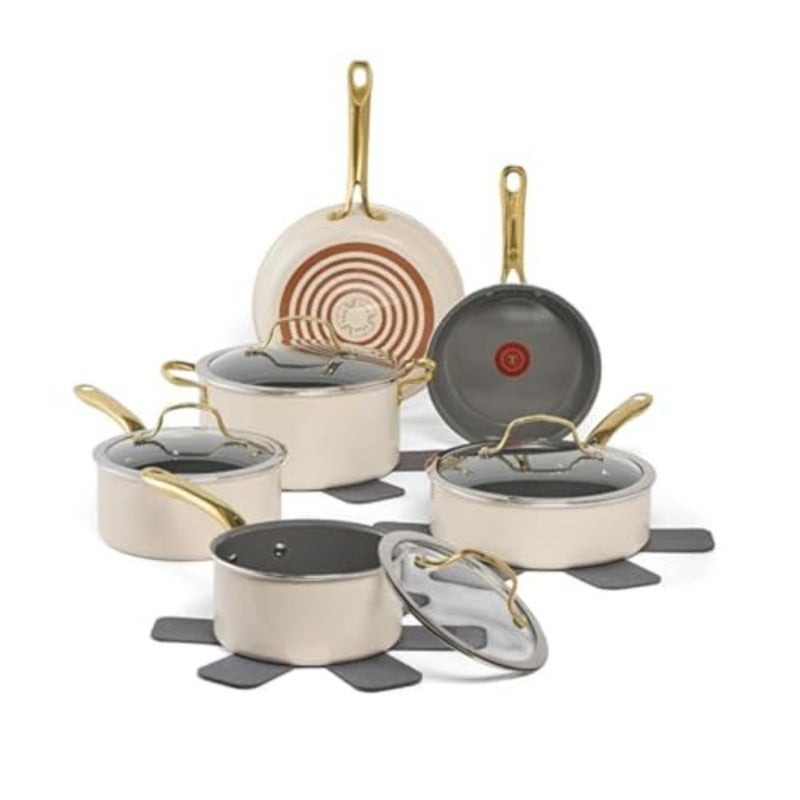Ceramic non-stick cookware set for home cooking, beige, scratch-resistant and oven-safe up to 350F - Image 1