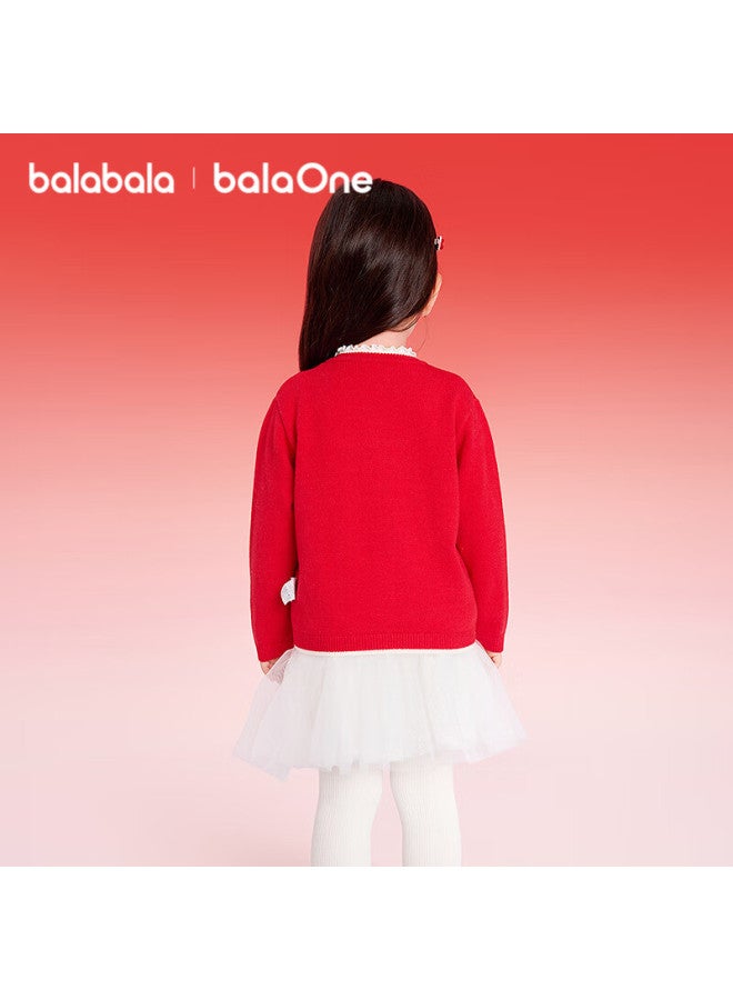 Balabala Girls' Little Chanel Style Knitted Cardigan Red New Year Spring Sweater - Image 2